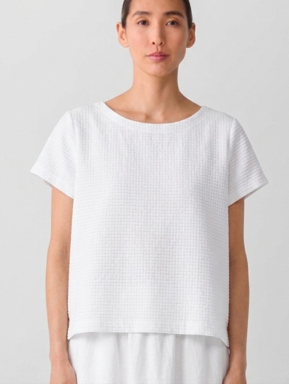 Eileen Fisher White Organic Cotton Waffle Textured Grid Box Top Square Blouse XL